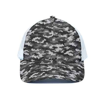 Black White And Grey Digital Camo Print White Mesh Trucker Cap