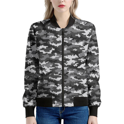 Black White And Grey Digital Camo Print Women's Bomber Jacket