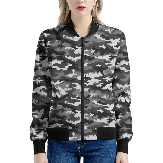 Black White And Grey Digital Camo Print Women's Bomber Jacket