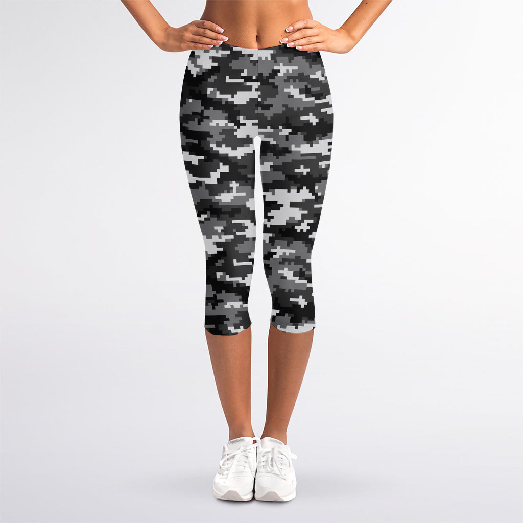 Black White And Grey Digital Camo Print Women's Capri Leggings