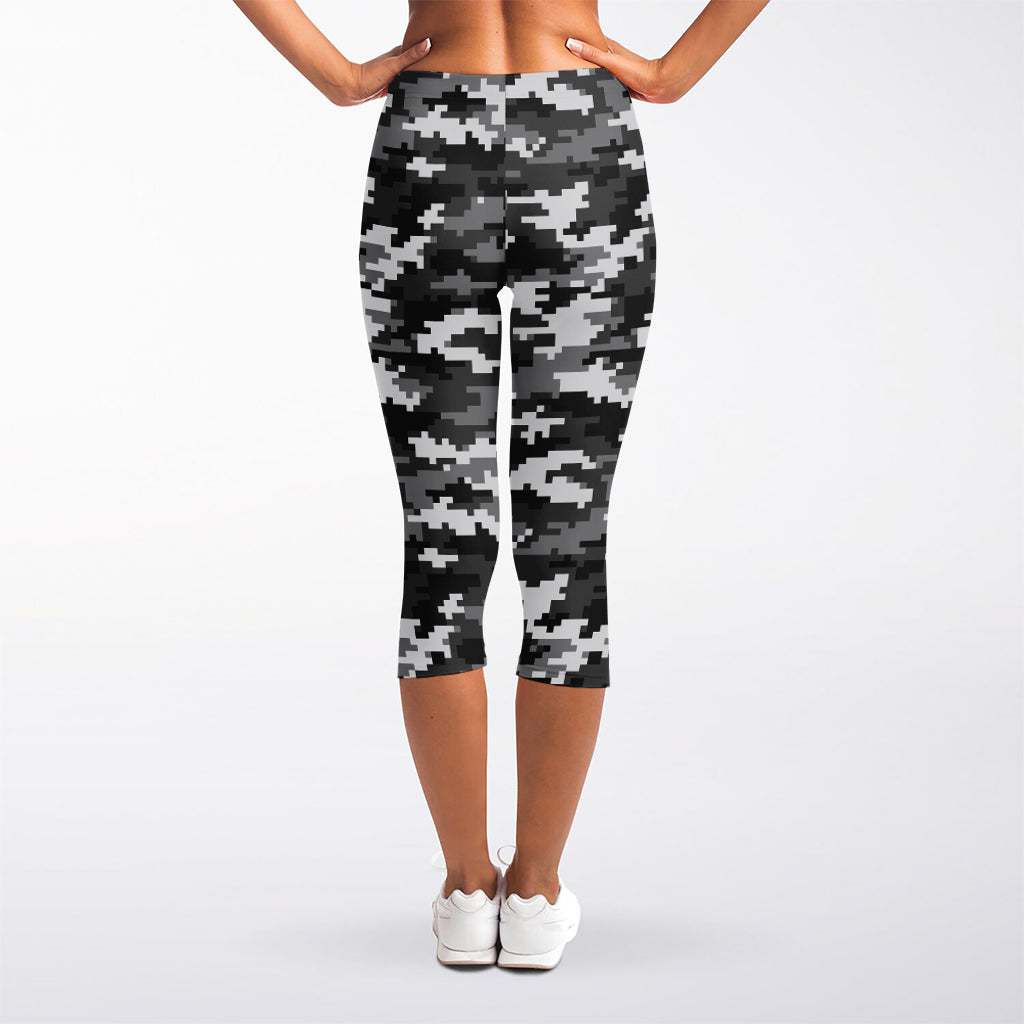 Black White And Grey Digital Camo Print Women's Capri Leggings