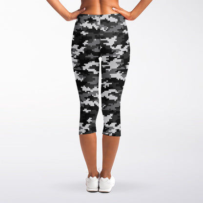 Black White And Grey Digital Camo Print Women's Capri Leggings