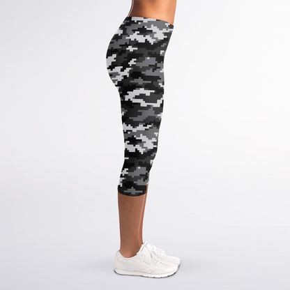 Black White And Grey Digital Camo Print Women's Capri Leggings