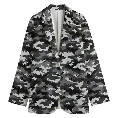 Black White And Grey Digital Camo Print Women's Cotton Blazer