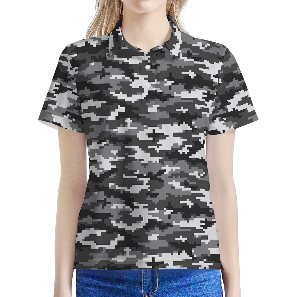 Black White And Grey Digital Camo Print Women's Polo Shirt