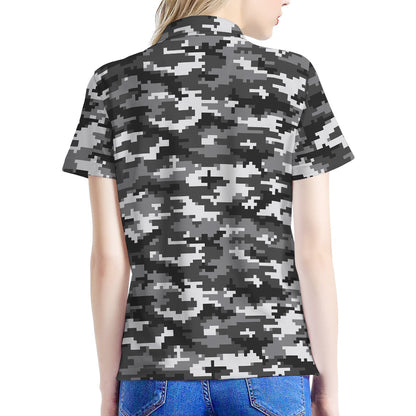 Black White And Grey Digital Camo Print Women's Polo Shirt