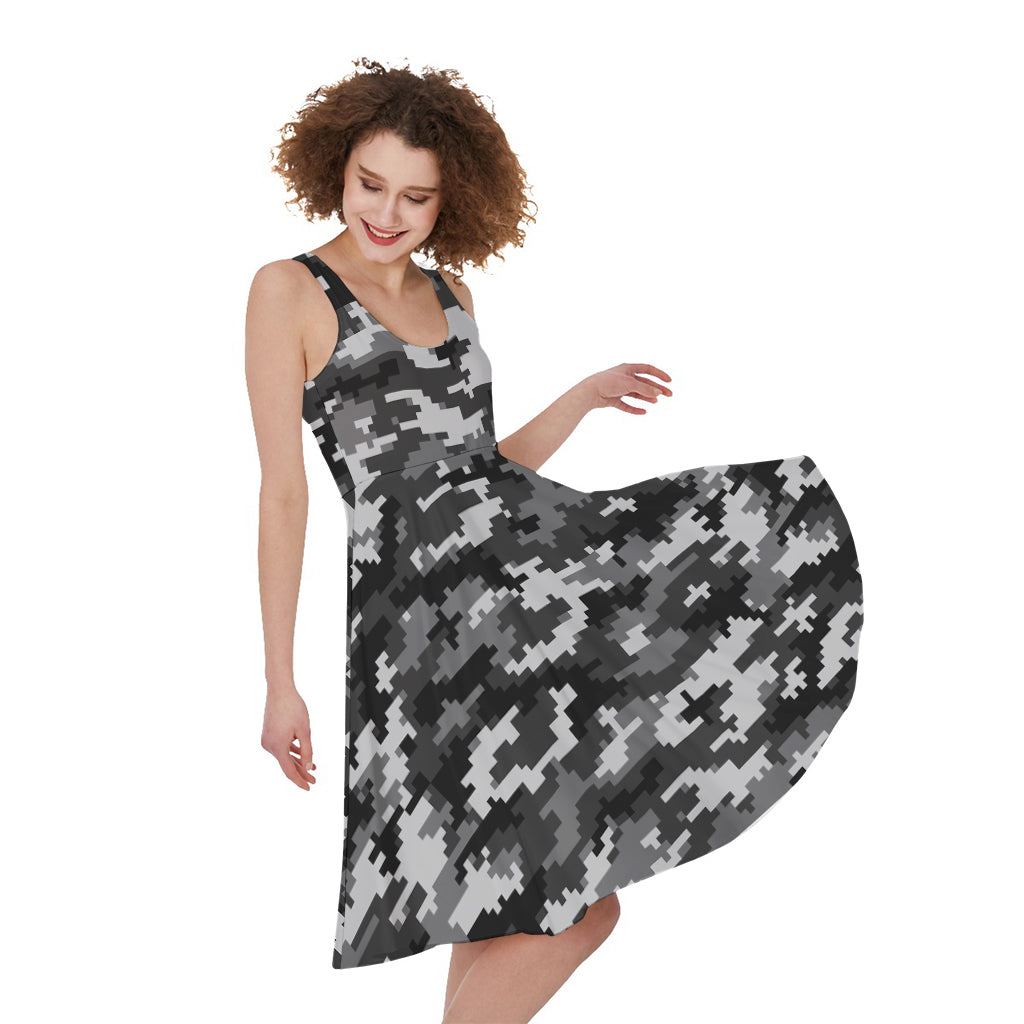 Black White And Grey Digital Camo Print Women's Sleeveless Dress