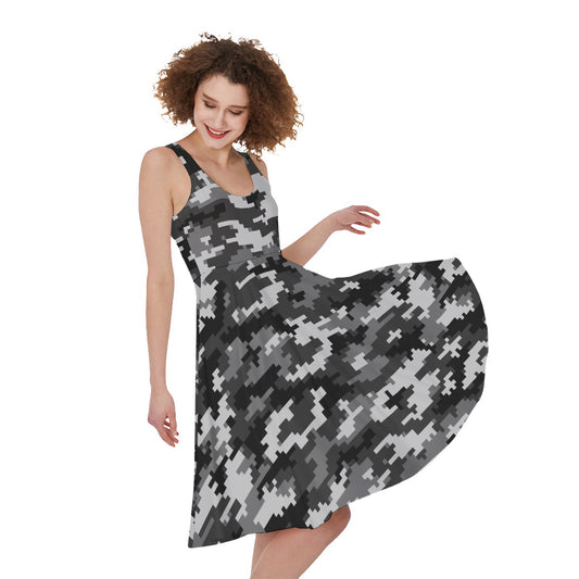 Black White And Grey Digital Camo Print Women's Sleeveless Dress