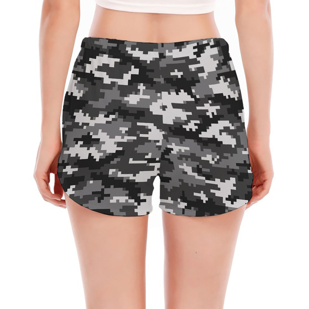 Black White And Grey Digital Camo Print Women's Split Running Shorts