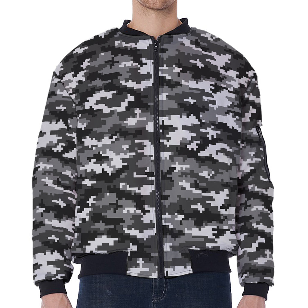 Black White And Grey Digital Camo Print Zip Sleeve Bomber Jacket