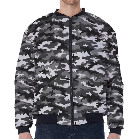 Black White And Grey Digital Camo Print Zip Sleeve Bomber Jacket