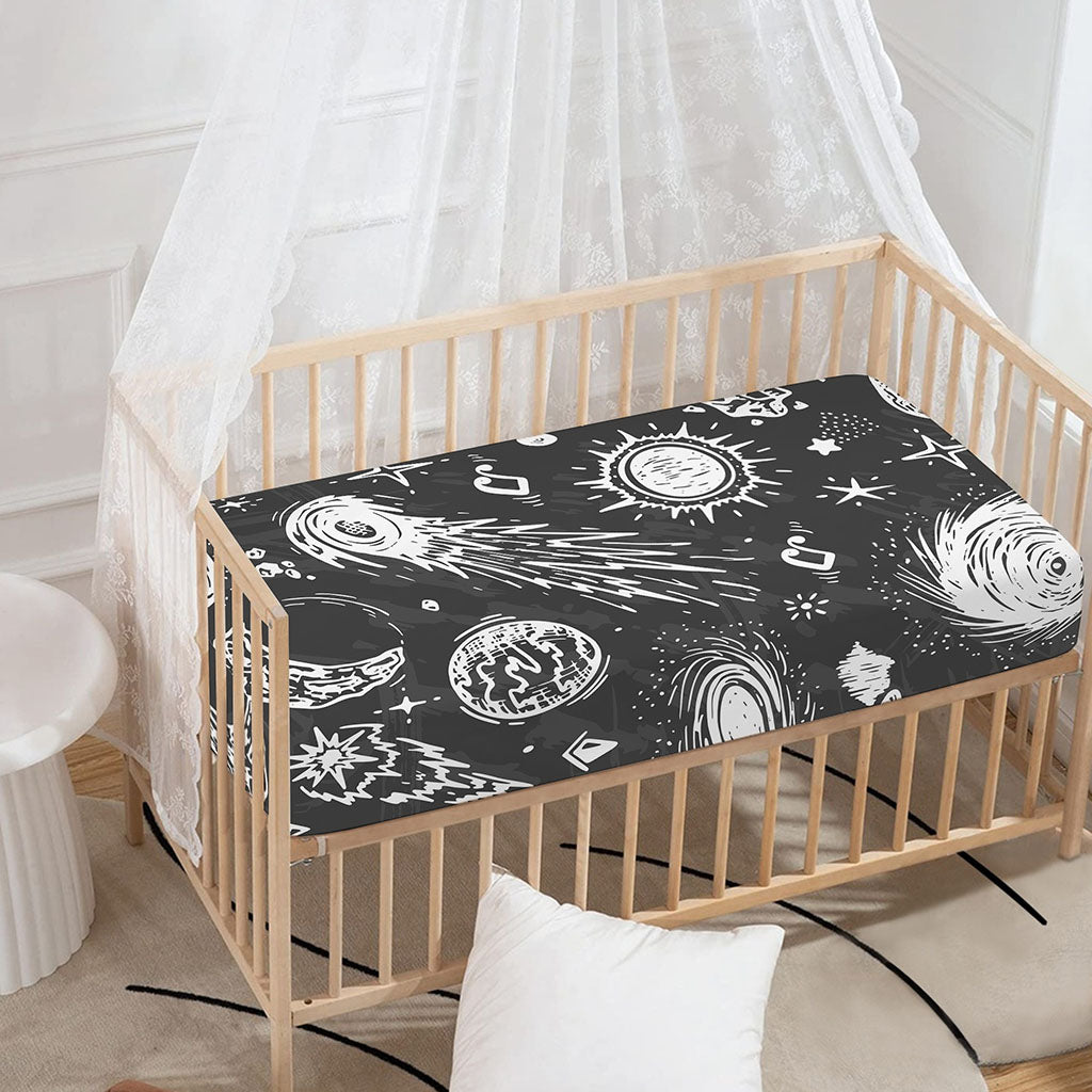 Black White Galaxy Outer Space Print Baby Crib Sheet