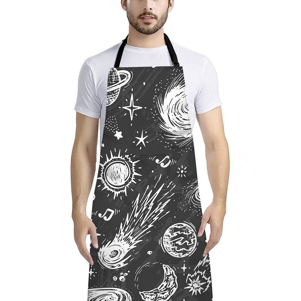 Black White Galaxy Outer Space Print Bib Apron With Pocket