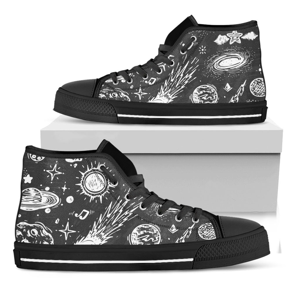 Black White Galaxy Outer Space Print Black High Top Sneakers