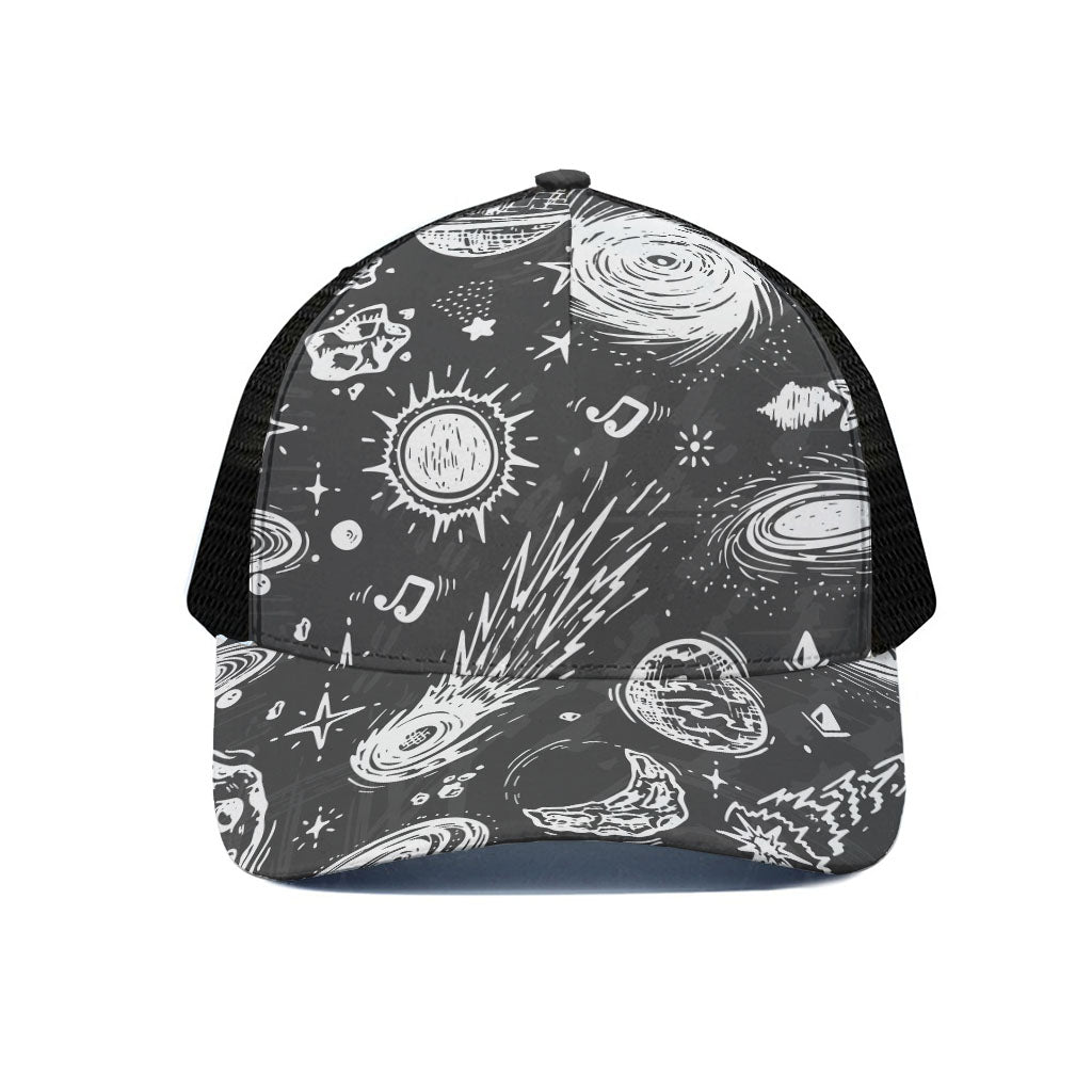 Black White Galaxy Outer Space Print Black Mesh Trucker Cap
