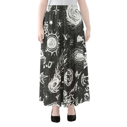 Black White Galaxy Outer Space Print Chiffon Maxi Skirt