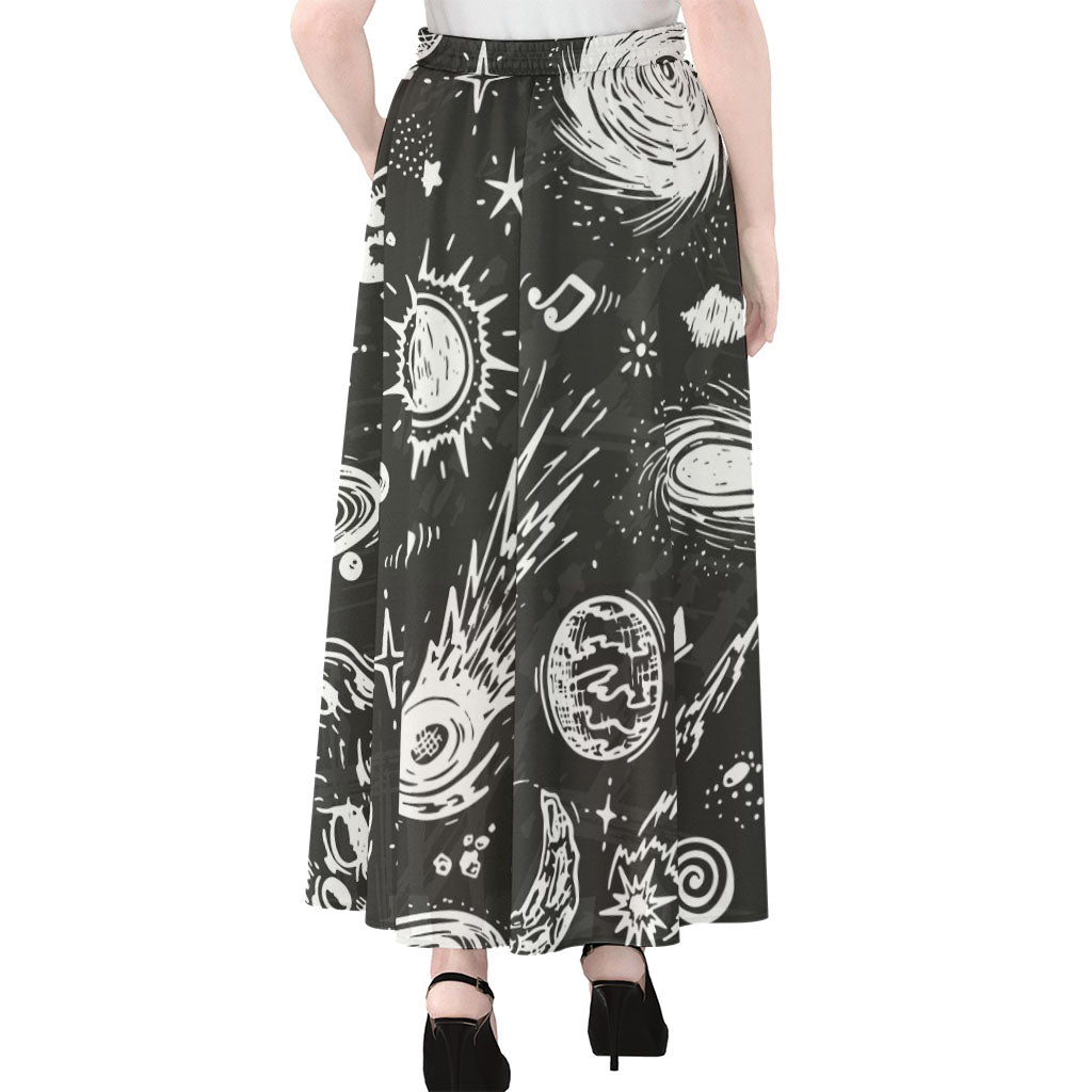 Black White Galaxy Outer Space Print Chiffon Maxi Skirt