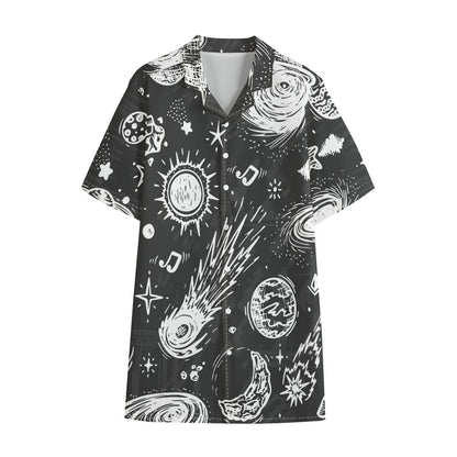 Black White Galaxy Outer Space Print Cotton Hawaiian Shirt