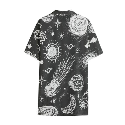 Black White Galaxy Outer Space Print Cotton Hawaiian Shirt