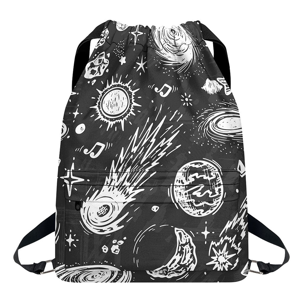 Black White Galaxy Outer Space Print Drawstring Backpack