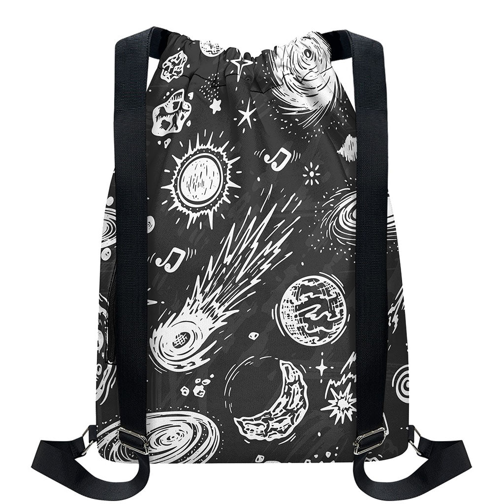 Black White Galaxy Outer Space Print Drawstring Backpack
