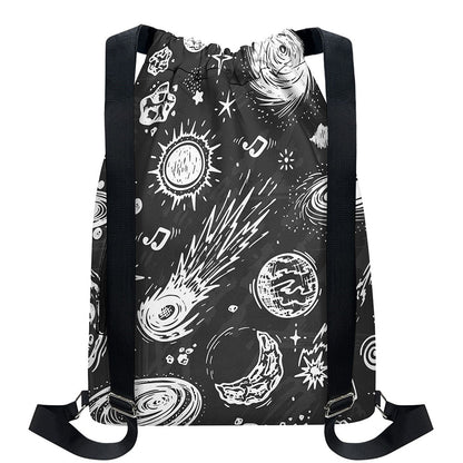 Black White Galaxy Outer Space Print Drawstring Backpack