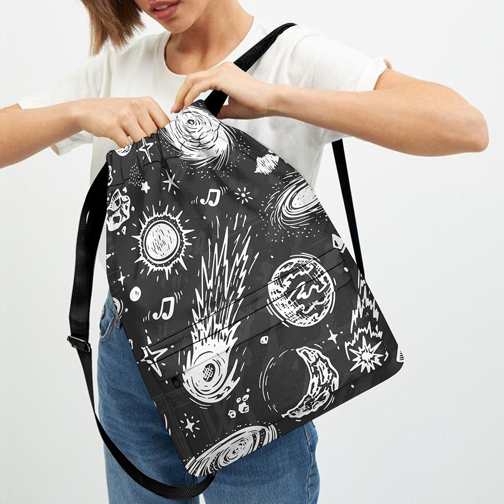 Black White Galaxy Outer Space Print Drawstring Backpack