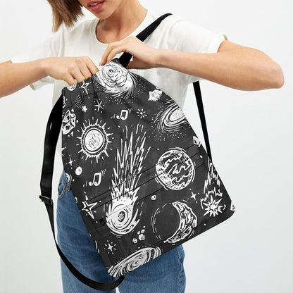 Black White Galaxy Outer Space Print Drawstring Backpack