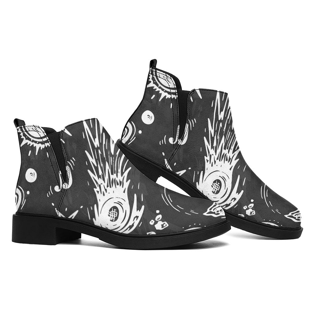 Black White Galaxy Outer Space Print Flat Ankle Boots