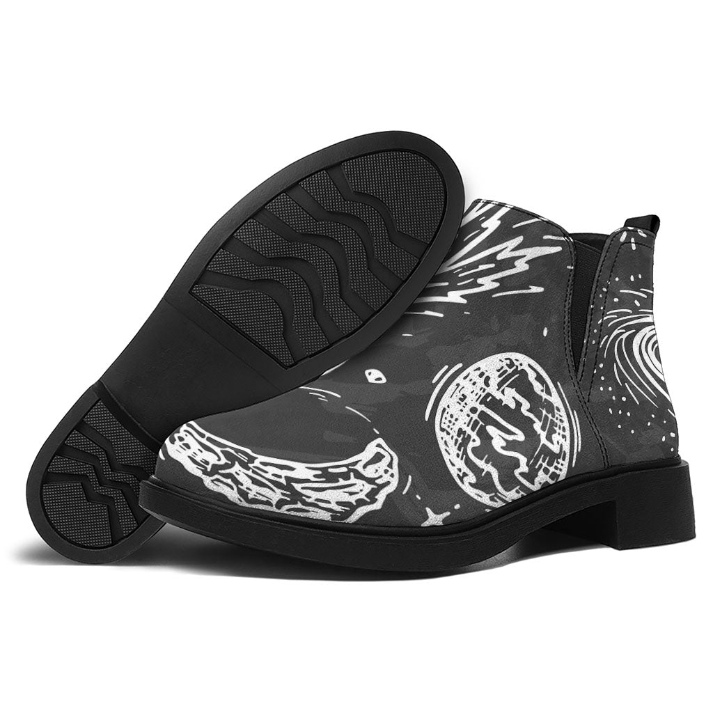 Black White Galaxy Outer Space Print Flat Ankle Boots