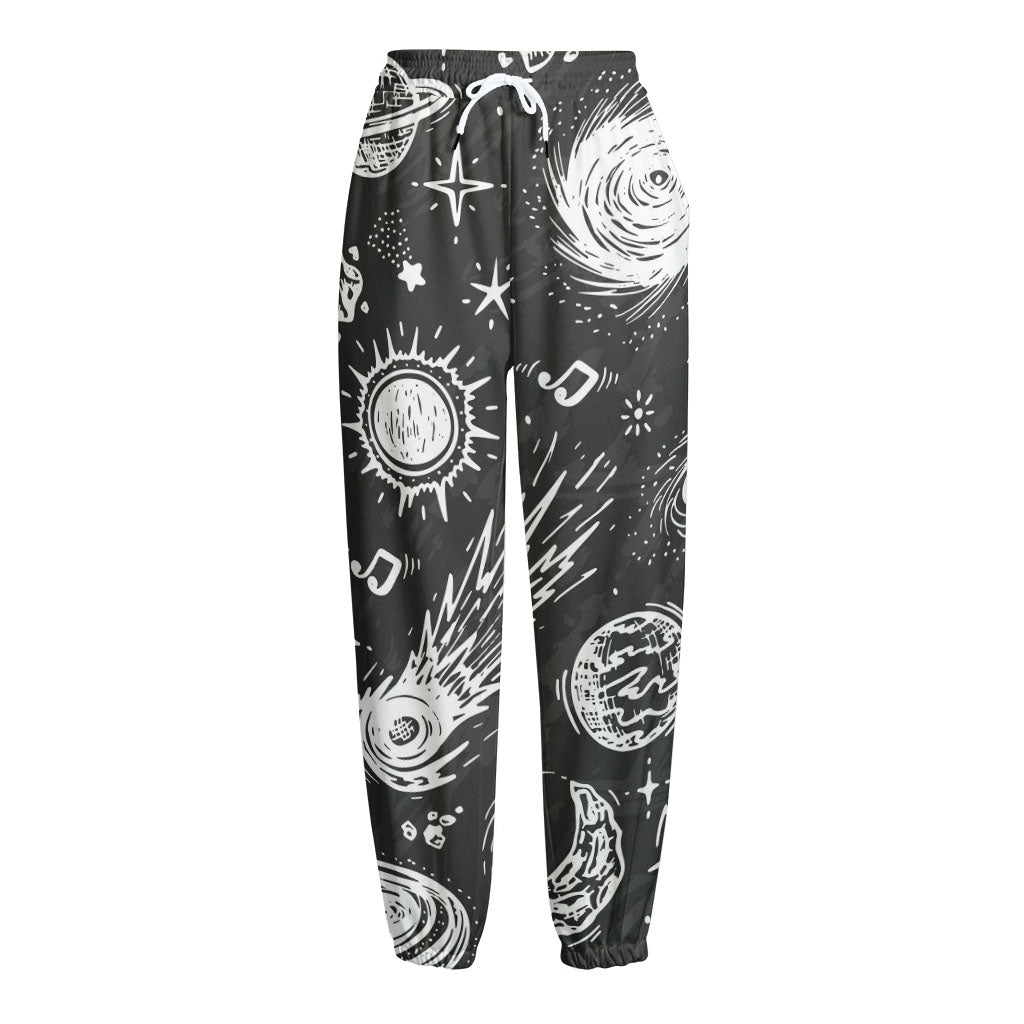 Black White Galaxy Outer Space Print Fleece Lined Knit Pants
