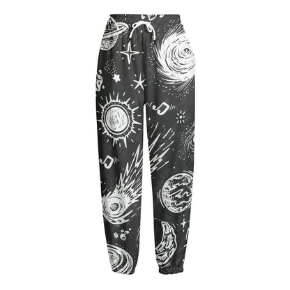 Black White Galaxy Outer Space Print Fleece Lined Knit Pants