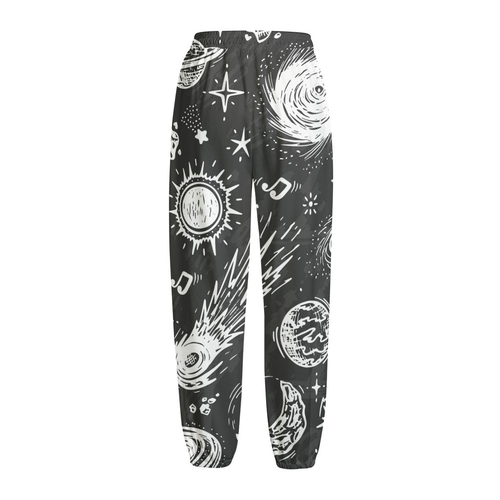 Black White Galaxy Outer Space Print Fleece Lined Knit Pants