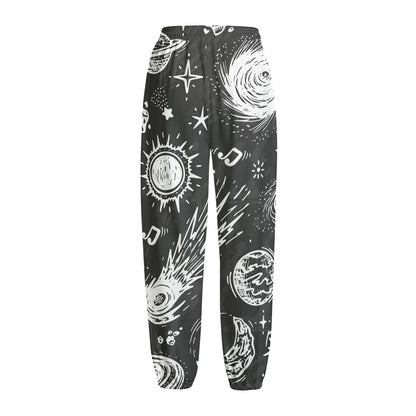 Black White Galaxy Outer Space Print Fleece Lined Knit Pants