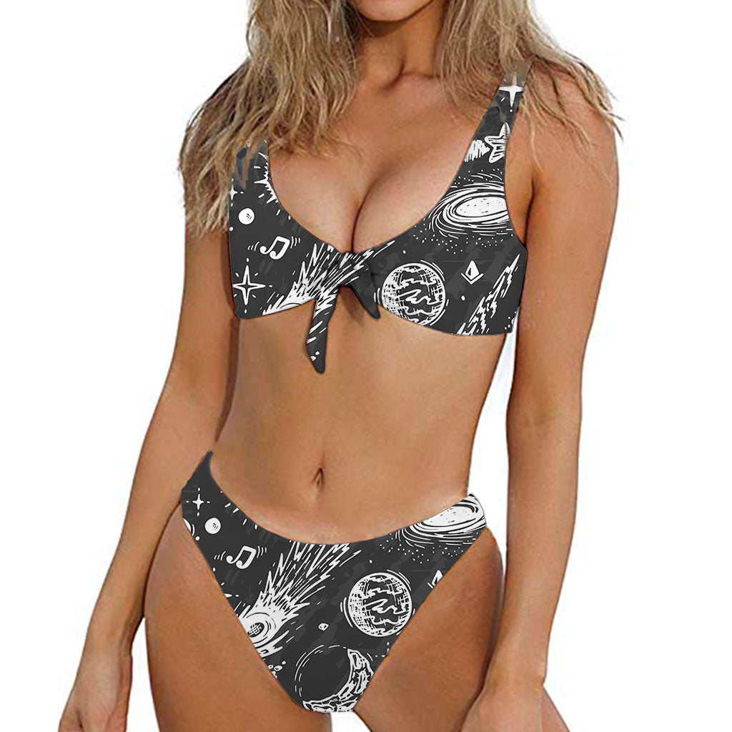 Black White Galaxy Outer Space Print Front Bow Tie Bikini