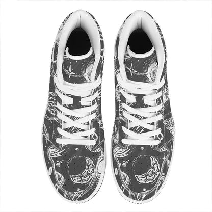 Black White Galaxy Outer Space Print High Top Leather Sneakers