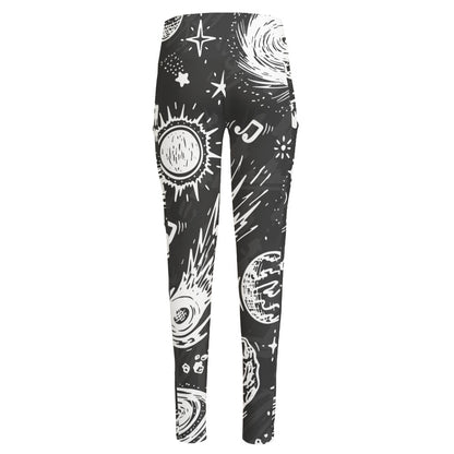 Black White Galaxy Outer Space Print High-Waisted Pocket Leggings