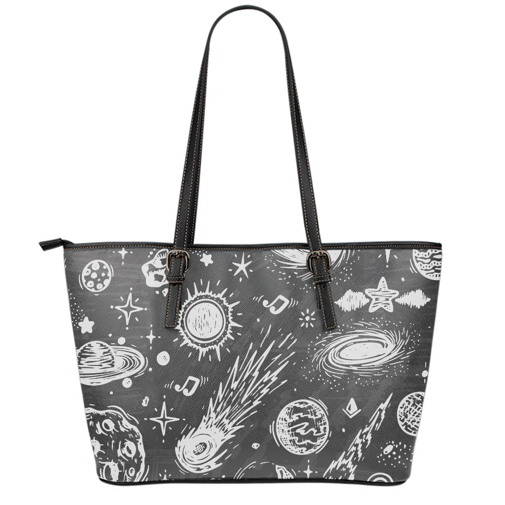 Black White Galaxy Outer Space Print Leather Tote Bag