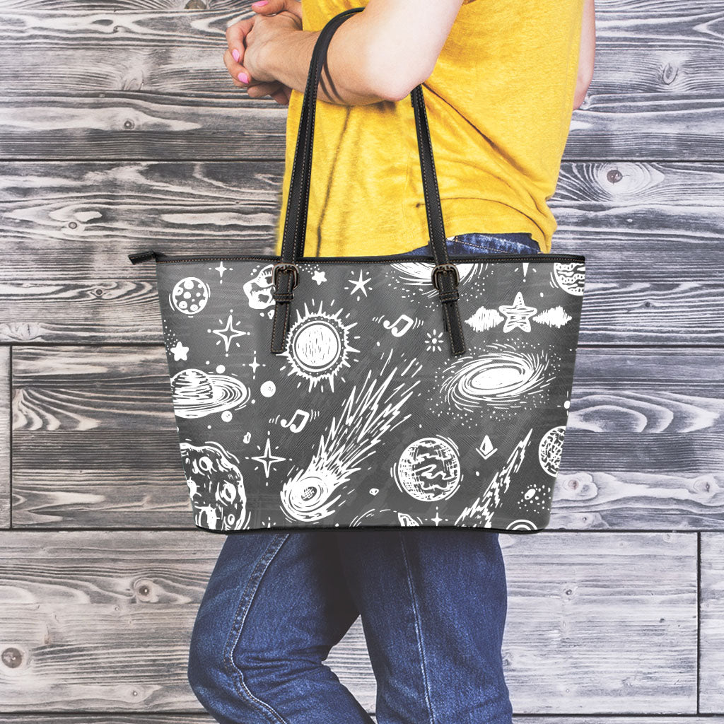 Black White Galaxy Outer Space Print Leather Tote Bag