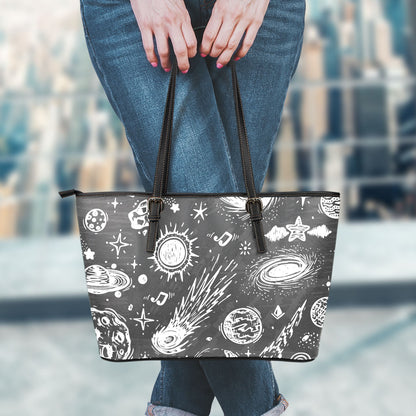 Black White Galaxy Outer Space Print Leather Tote Bag