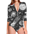 Black White Galaxy Outer Space Print Long Sleeve Swimsuit