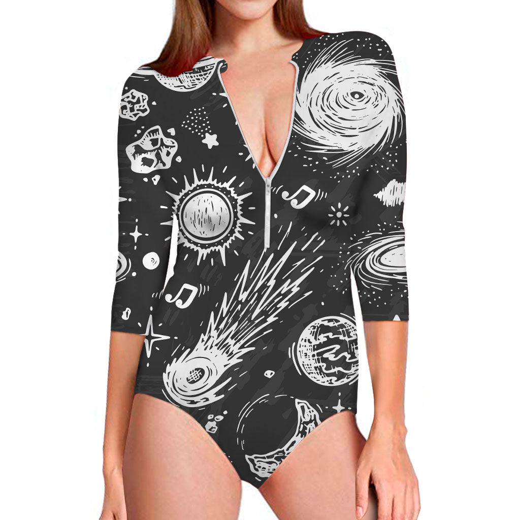 Black White Galaxy Outer Space Print Long Sleeve Swimsuit