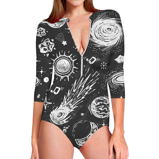 Black White Galaxy Outer Space Print Long Sleeve Swimsuit