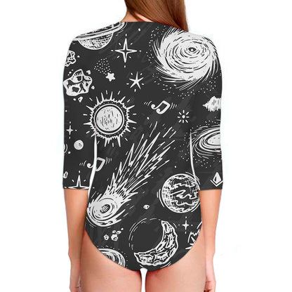 Black White Galaxy Outer Space Print Long Sleeve Swimsuit