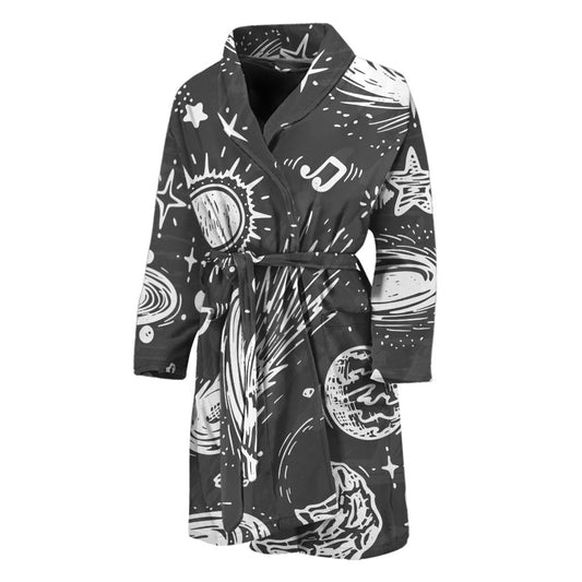 Black White Galaxy Outer Space Print Men's Bathrobe