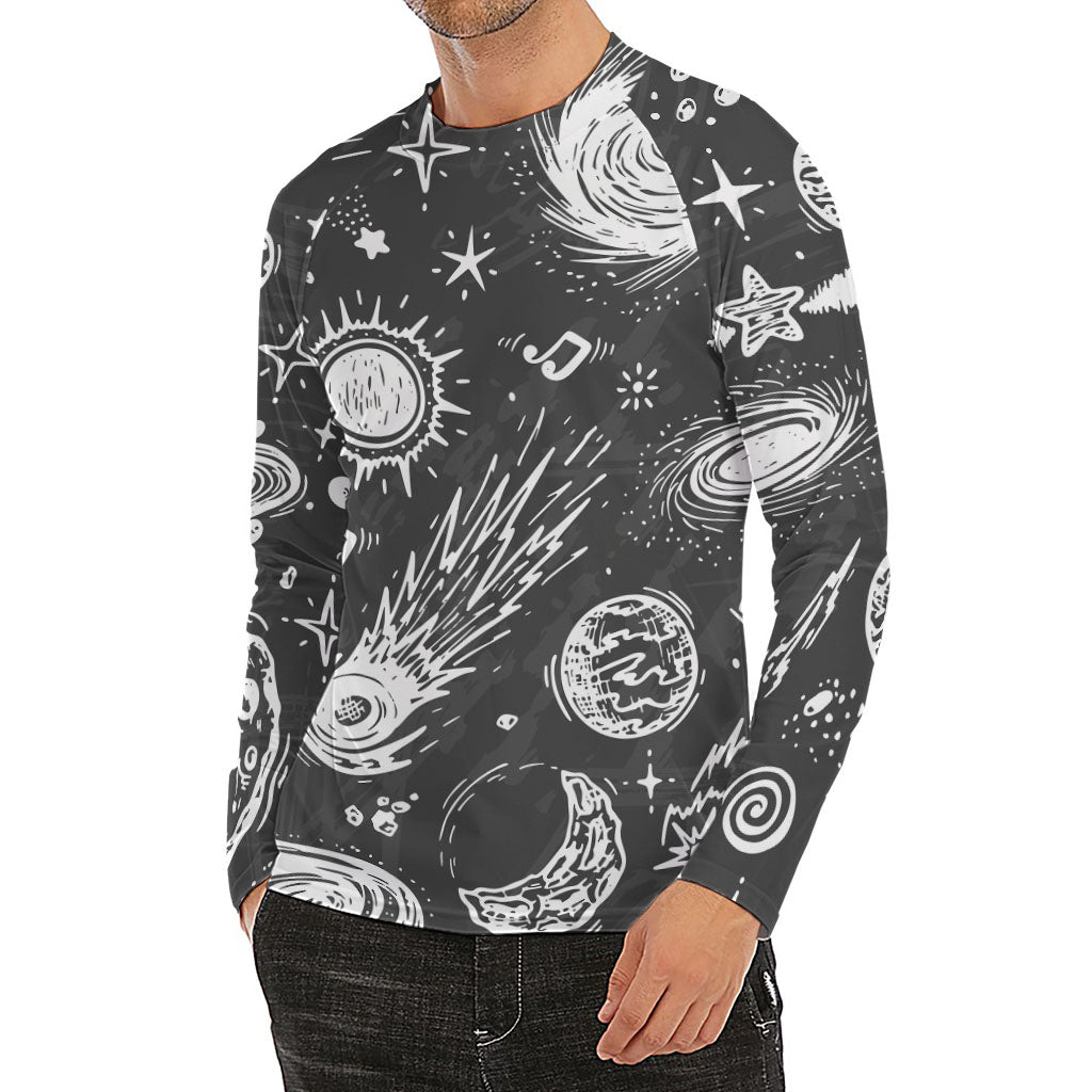 Black White Galaxy Outer Space Print Men's Long Sleeve Rash Guard