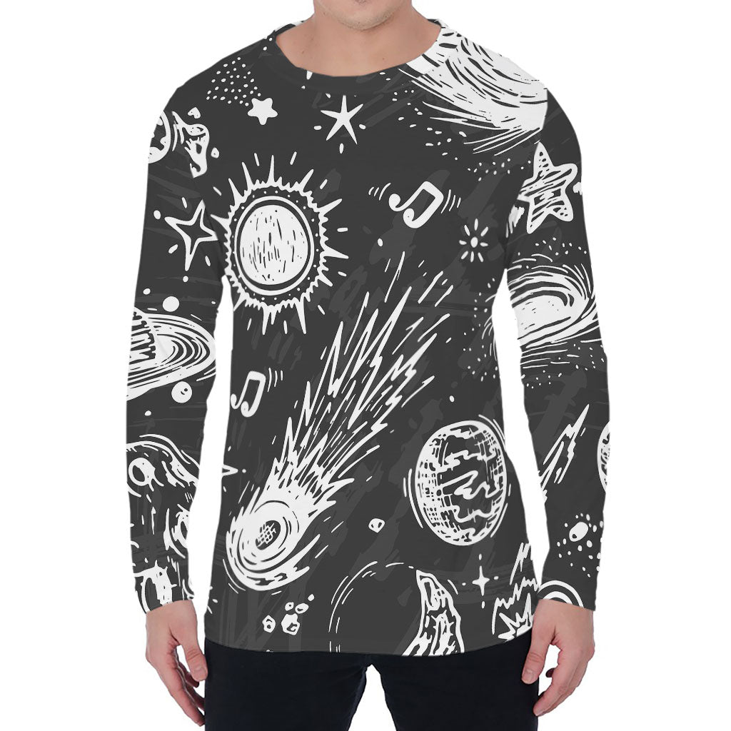 Black White Galaxy Outer Space Print Men's Long Sleeve T-Shirt