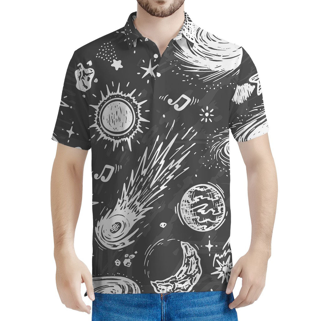 Black White Galaxy Outer Space Print Men's Polo Shirt