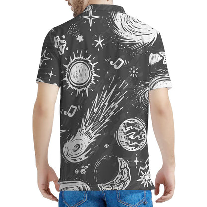 Black White Galaxy Outer Space Print Men's Polo Shirt