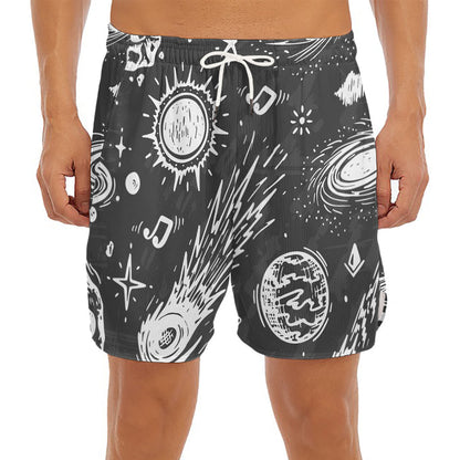 Black White Galaxy Outer Space Print Men's Split Running Shorts